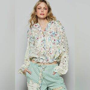 POL Women's Floral Crocheted Long Sleeve Hoodie Shacket